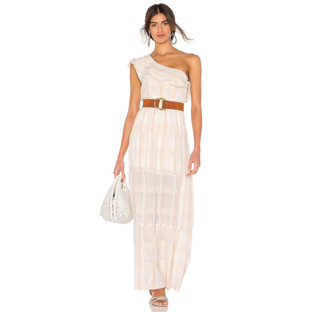 Revolve Tularosa Avery One Shoulder Neutral Striped Linen Blend Maxi Dress-XS‎